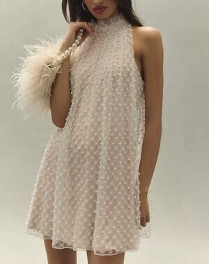 Tadashi Shoji Milena Pearl Halter Mini Dress Ivory Small Bridal